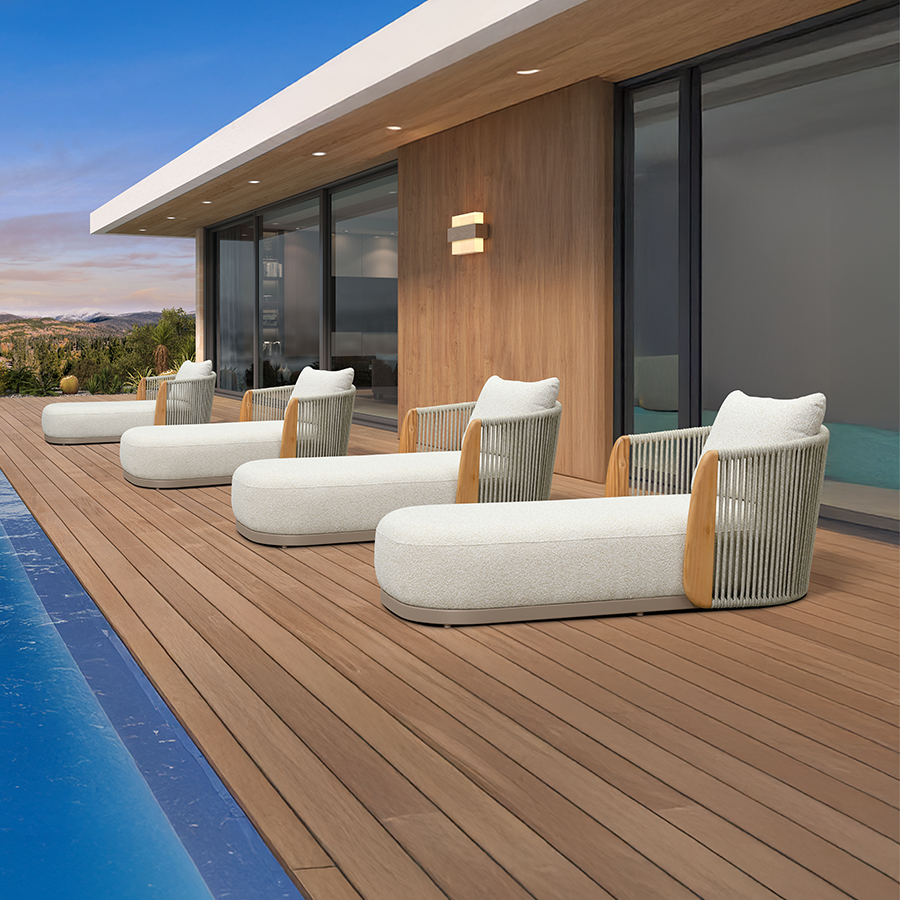 PURPLE LEAF Luxury  Hailar Olefin Patio Chaise Lounge Chair , Upholstered Pool Aluminium Lounge Chairs for Outdoor with Teak Armres for Deck, Pool, Lawn, Garden, Courtyard, Porch
