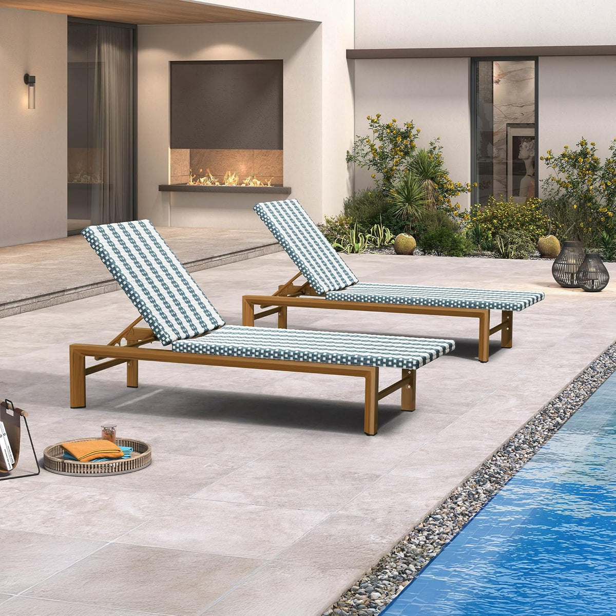 PURPLE LEAF Outdoor Teak Chaise Lounge Chair, Wood Grain Aluminum Outdoor Pool Lounge Chairs with Adjustable Backrest, Breathable Recliner for Patio, Poolside, Garden
