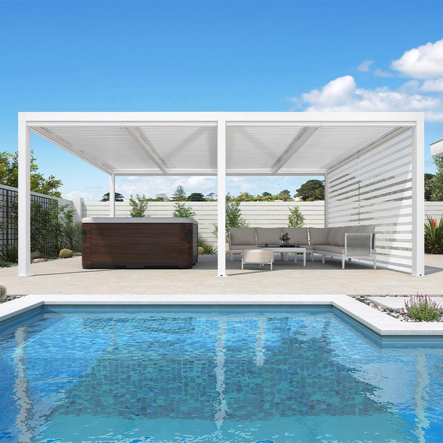 PURPLE LEAF Athena Louvered Pergola White Outdoor Aluminum Pergola with Roller Blind Adjustable Gazebo for Patio Deck Garden