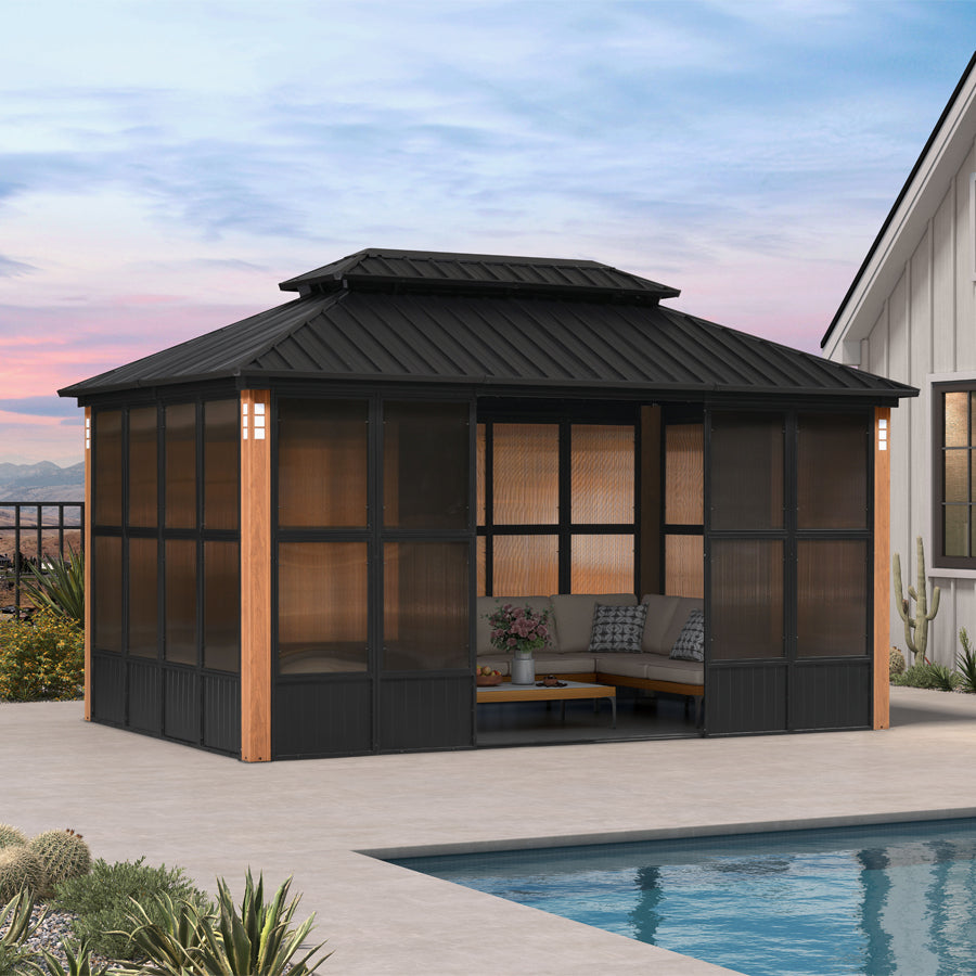 PURPLE LEAF Sunroom Hardtop Gazebo with Wood Grain Columns Black Frame Double Roof Galvanized Steel Solarium All-Weather Screen House