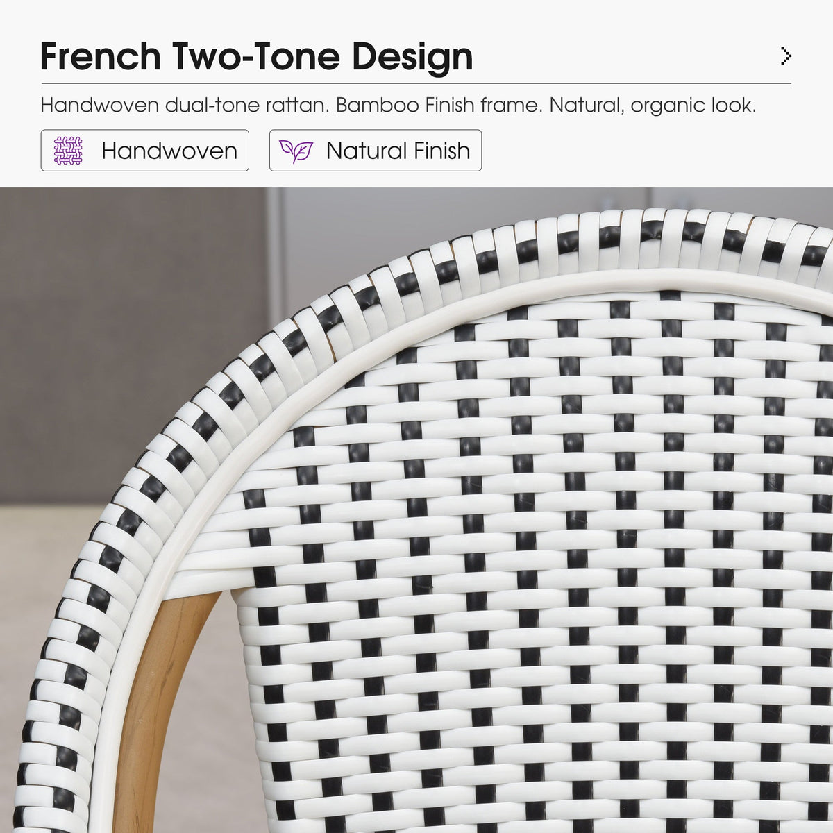 PURPLE LEAF Patio French Counter Stool Set of 2 Outdoor Backrest Barstools Aluminum Frame Woven Rattan for Indoor Kitchen Garden Balcony Restaurant