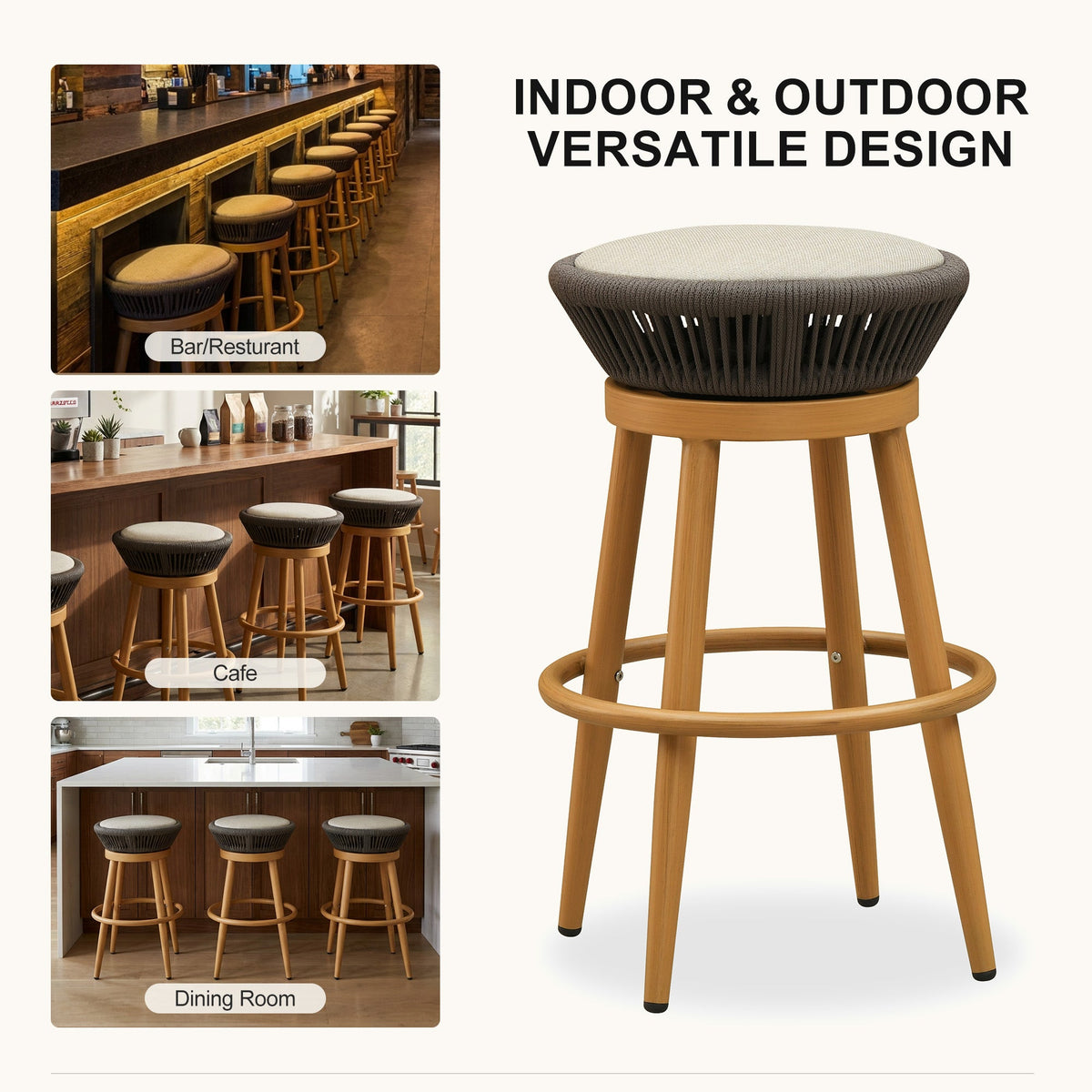 PURPLE LEAF Outdoor Swivel Bar Stools Set of 2 Metal Modern Rattan Bar Chairs with Backrest Aluminum Woven Barstools with Cushions