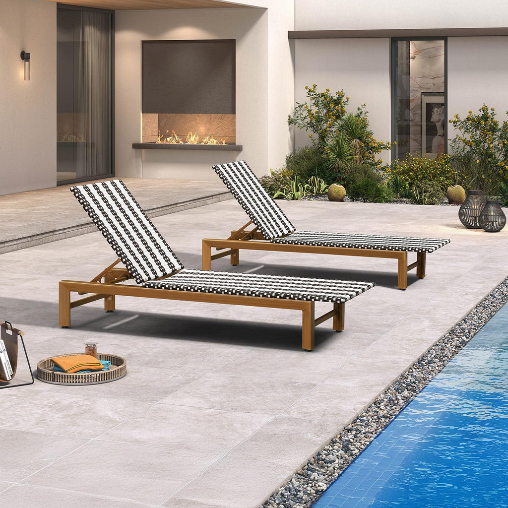 PURPLE LEAF Outdoor Teak Chaise Lounge Chair, Wood Grain Aluminum Outdoor Pool Lounge Chairs with Adjustable Backrest, Breathable Recliner for Patio, Poolside, Garden