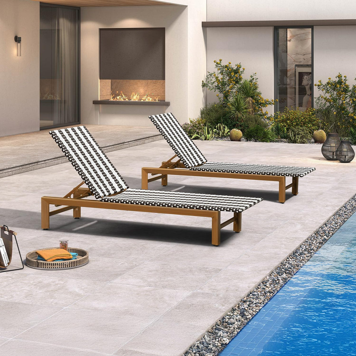 PURPLE LEAF Outdoor Teak Chaise Lounge Chair, Wood Grain Aluminum Outdoor Pool Lounge Chairs with Adjustable Backrest, Breathable Recliner for Patio, Poolside, Garden