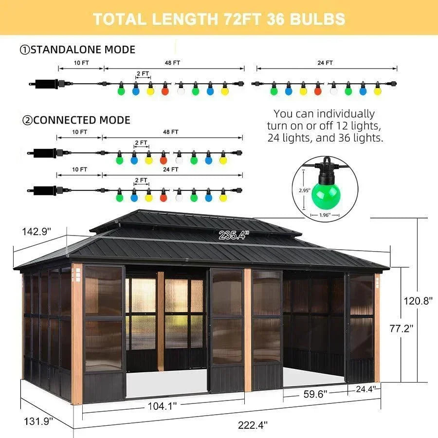 PURPLE LEAF Sunroom Hardtop Gazebo with Wood Grain Columns Black Frame Double Roof Galvanized Steel Solarium All-Weather Screen House with String Lights