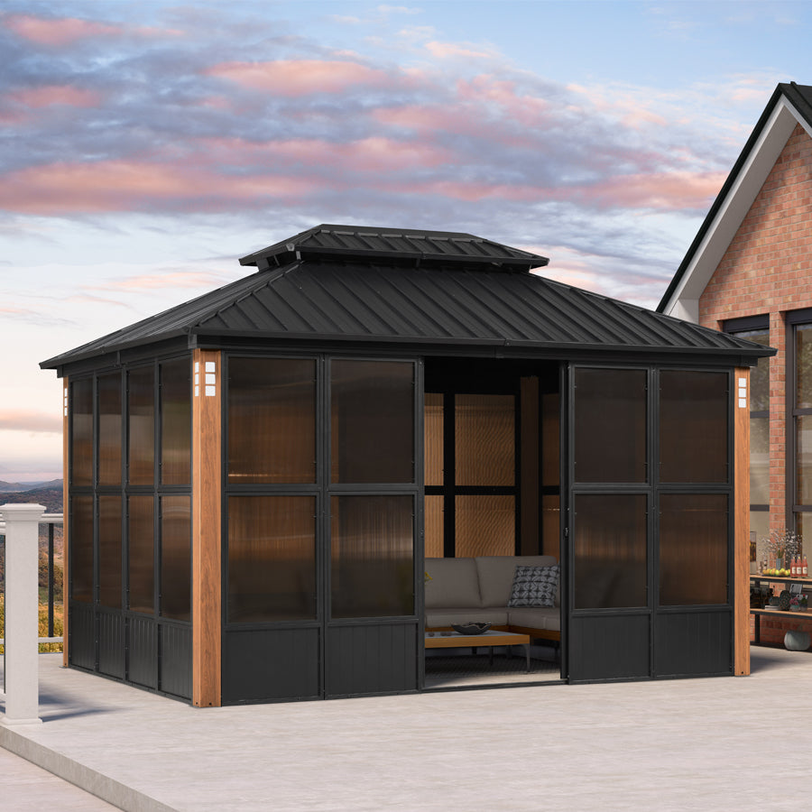 PURPLE LEAF Sunroom Hardtop Gazebo with Wood Grain Columns Black Frame Double Roof Galvanized Steel Solarium All-Weather Screen House