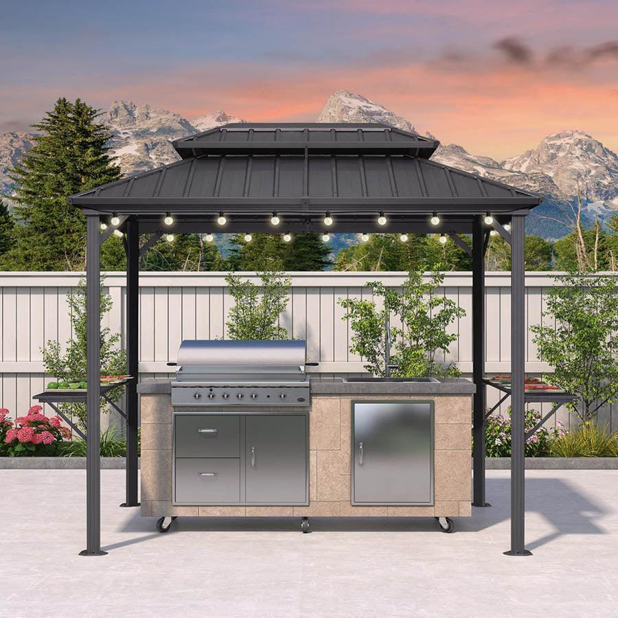 PURPLE LEAF Hardtop Grill Gazebo for Patio Grey Permanent Metal Roof Outside Sun Shade Outdoor BBQ Canopy with String Lights