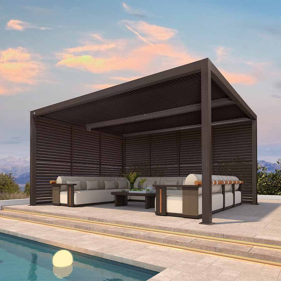PURPLE LEAF Athena Louvered Pergola Bronze Outdoor Aluminum Pergola with Shutter Wall Adjustable Gazebo Rainproof for Patio Deck Garden