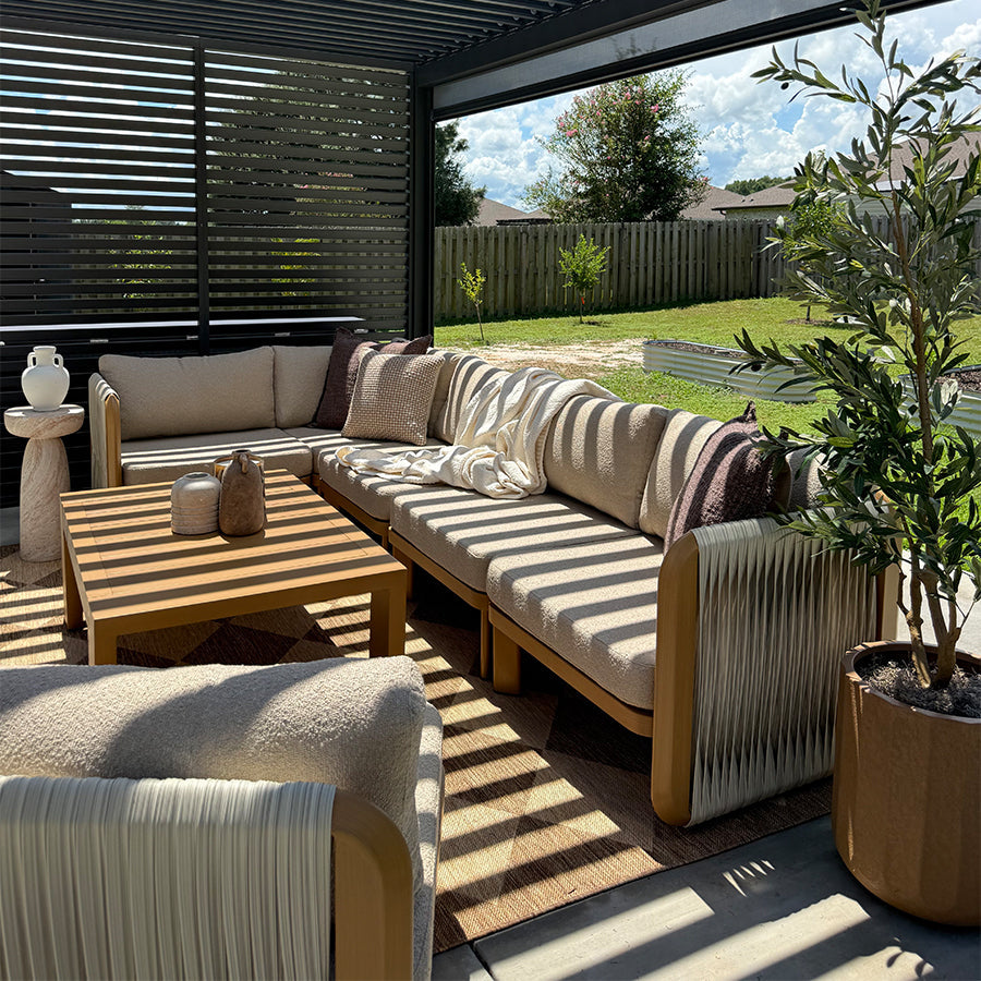 PURPLE LEAF Byron U-Shaped Modular Outdoor Sectional with Wide-Band Woven Design and Wood-Grain Aluminum Frame for Outdoor Courtyard