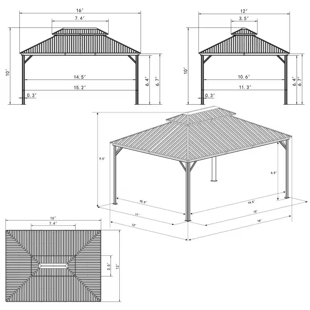 12 Ft. X 16 Ft. Dark Brown Double Roof Permanent Hardtop Aluminum Gazebo with Netting and Sidewalls