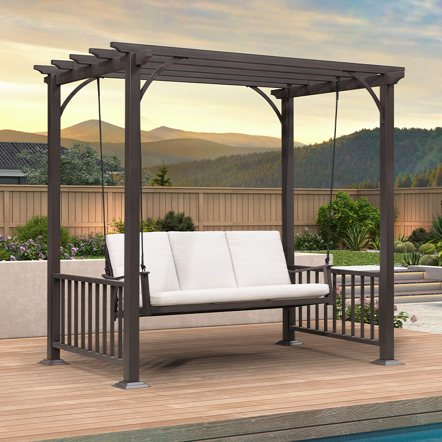 PURPLE LEAF 3-Seat Outdoor Metal Pergola Swing Bed Hanging Cloud Black rope Swing Chair with Stand Cushions & Pillows for Outdoor