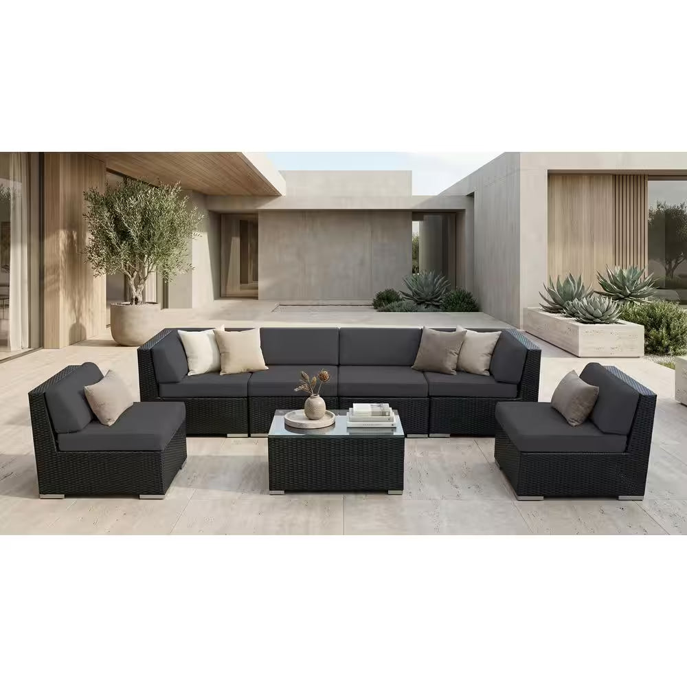 Black 7-Piece Wicker Patio Seating Set with Sunbrella Coal Cushions