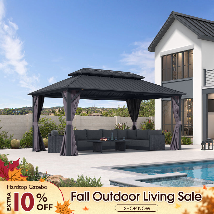 PURPLE LEAF Grey Hardtop Gazebo with Heavy Duty Galvanized Steel Double Roof with Netting and Curtains