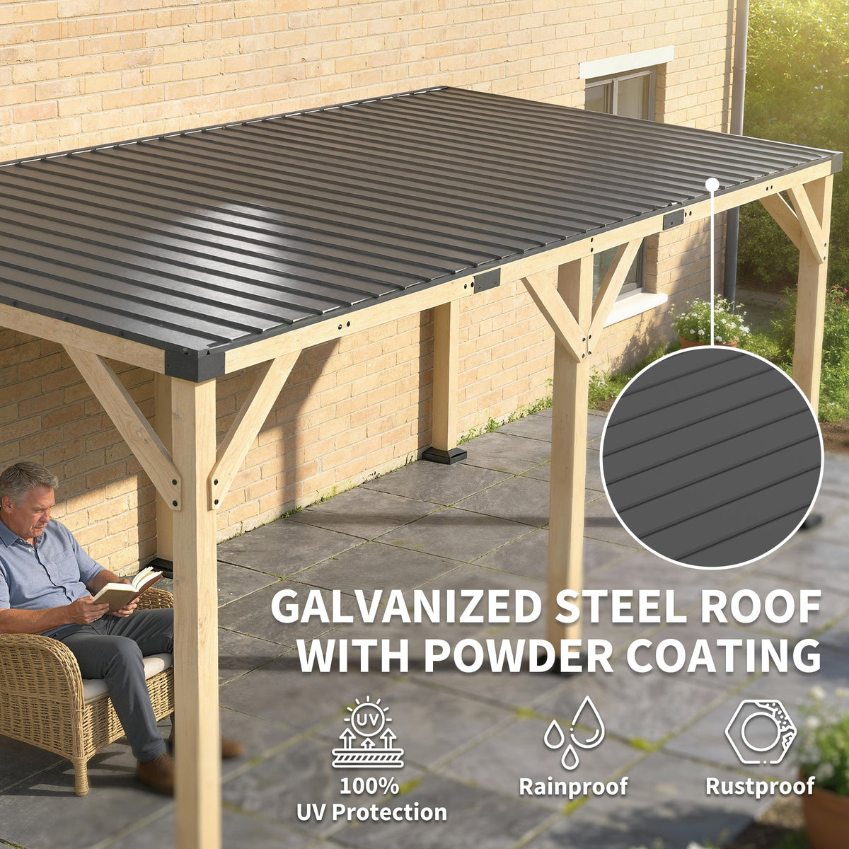 PerArbor 10' x 20' Wooden Lean-to Gazebo with Galvanized Steel Sloped Roof, Light Walnut