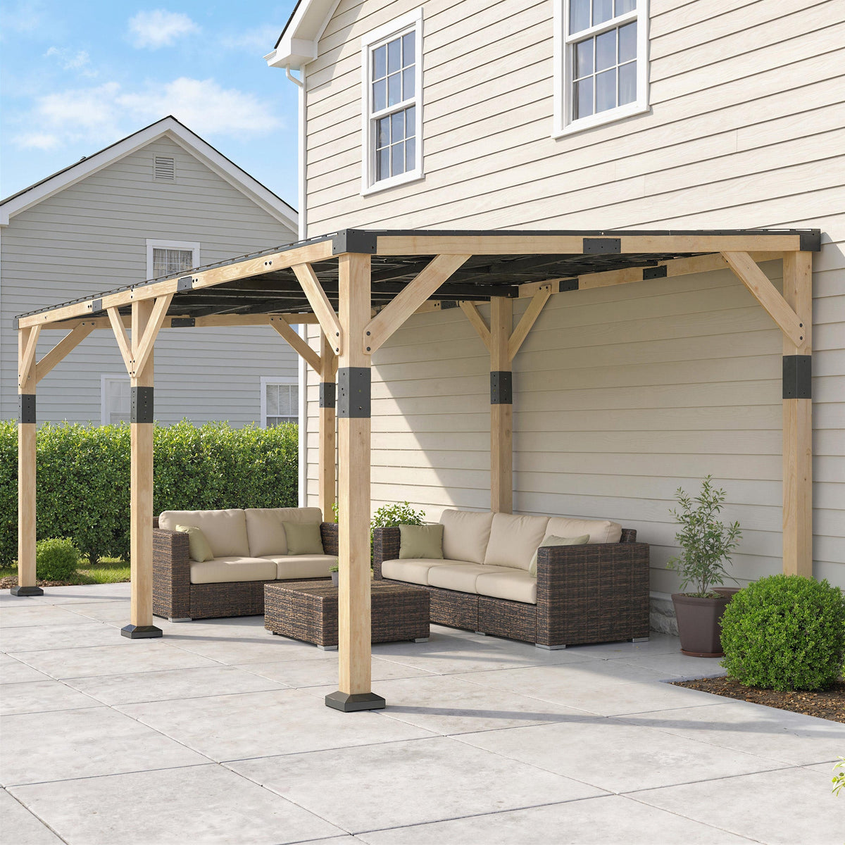 PerArbor 10' x 20' Wooden Lean-to Gazebo with Galvanized Steel Sloped Roof, Light Walnut