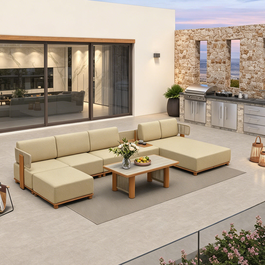 PURPLE LEAF Breck U-Shaped  with table Modular Outdoor Sectional with Wood-Grain Aluminum Frame and Thick Teak-Colored Cushions for Family Entertaining