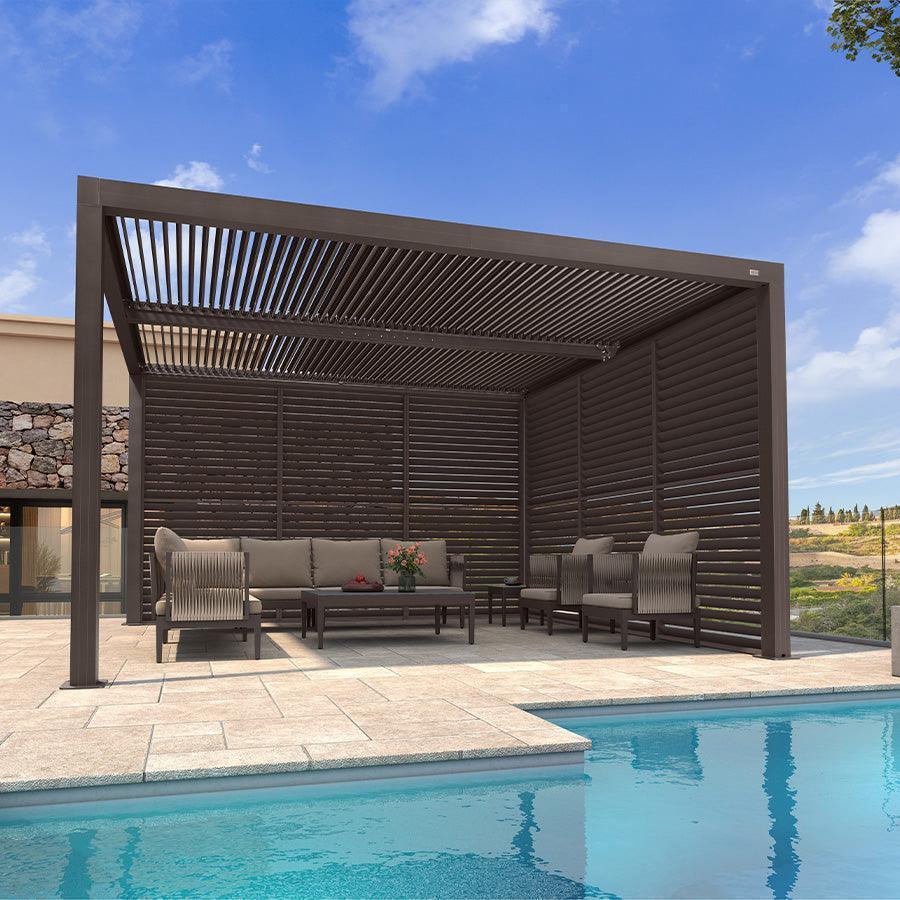 PURPLE LEAF Athena Louvered Pergola Bronze Outdoor Aluminum Pergola with Shutter Wall Adjustable Gazebo Rainproof for Patio Deck Garden