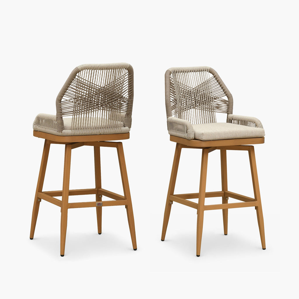 PURPLE LEAF Outdoor Swivel Bar Stools Set of 2 Patio 360° Rotating All-Weather Wicker Stools with Back and Cushion for Outside Backyard Kitchen Bistro Garden Bar