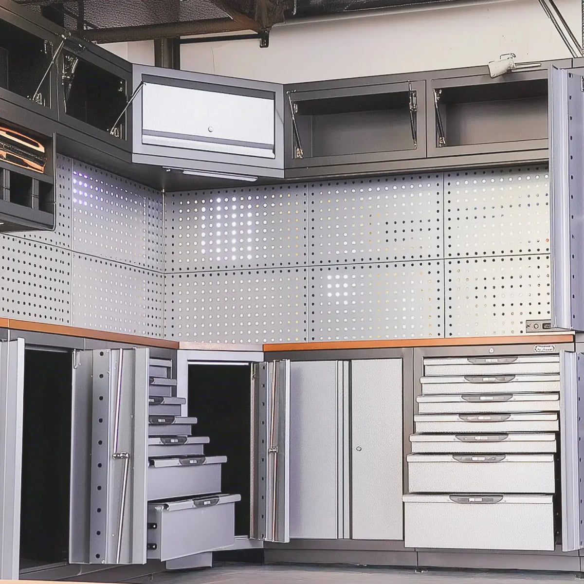 Extreme-Duty Steel Garage Corner (11' + 8.5') Tool Chest w/Pegboard, Power Outlets, USB Port, Magnetic Motion LED Lamps, TMG-WBM15