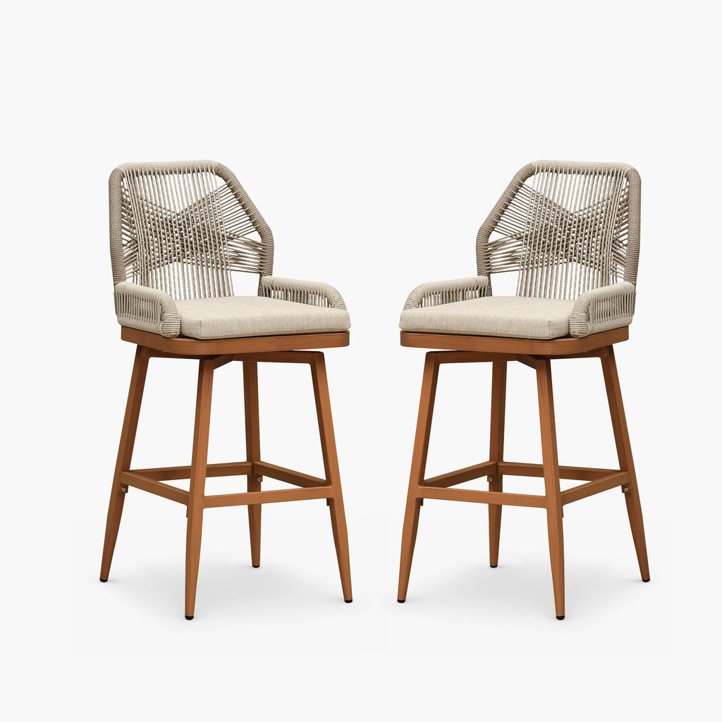 PURPLE LEAF Outdoor Swivel Bar Stools Set of 2 Patio 360° Rotating All-Weather Wicker Stools with Back and Cushion for Outside Backyard Kitchen Bistro Garden Bar