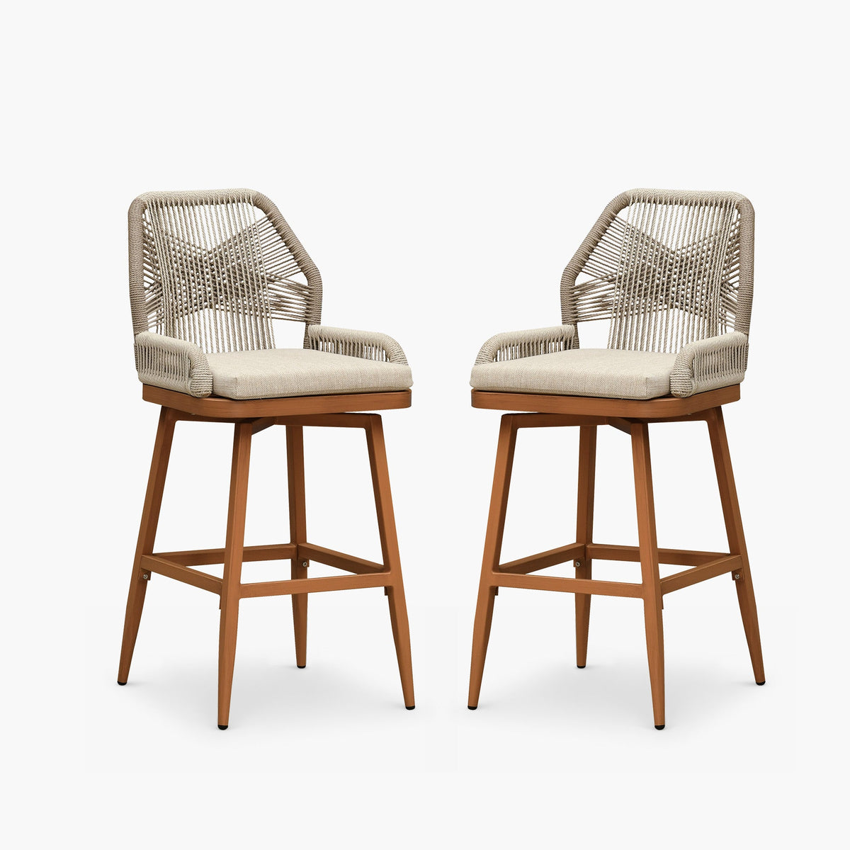 PURPLE LEAF Outdoor Swivel Bar Stools Set of 2 Patio 360° Rotating All-Weather Wicker Stools with Back and Cushion for Outside Backyard Kitchen Bistro Garden Bar