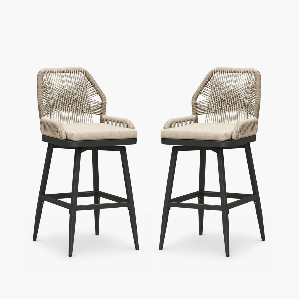 PURPLE LEAF Outdoor Swivel Bar Stools Set of 2 Patio 360° Rotating All-Weather Wicker Stools with Back and Cushion for Outside Backyard Kitchen Bistro Garden Bar
