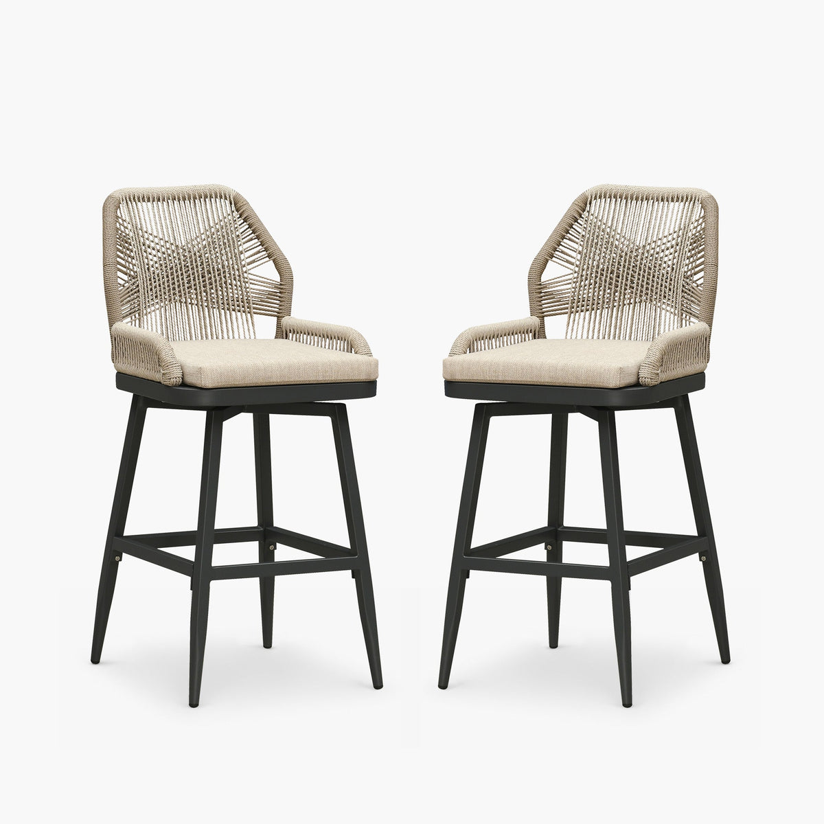 PURPLE LEAF Outdoor Swivel Bar Stools Set of 2 Patio 360° Rotating All-Weather Wicker Stools with Back and Cushion for Outside Backyard Kitchen Bistro Garden Bar
