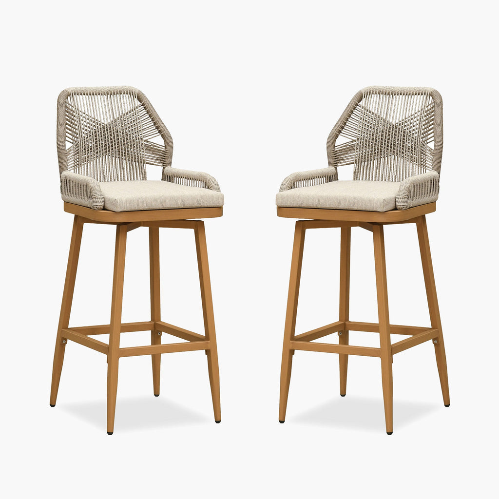 PURPLE LEAF Outdoor Swivel Bar Stools Set of 2 Patio 360° Rotating All-Weather Wicker Stools with Back and Cushion for Outside Backyard Kitchen Bistro Garden Bar