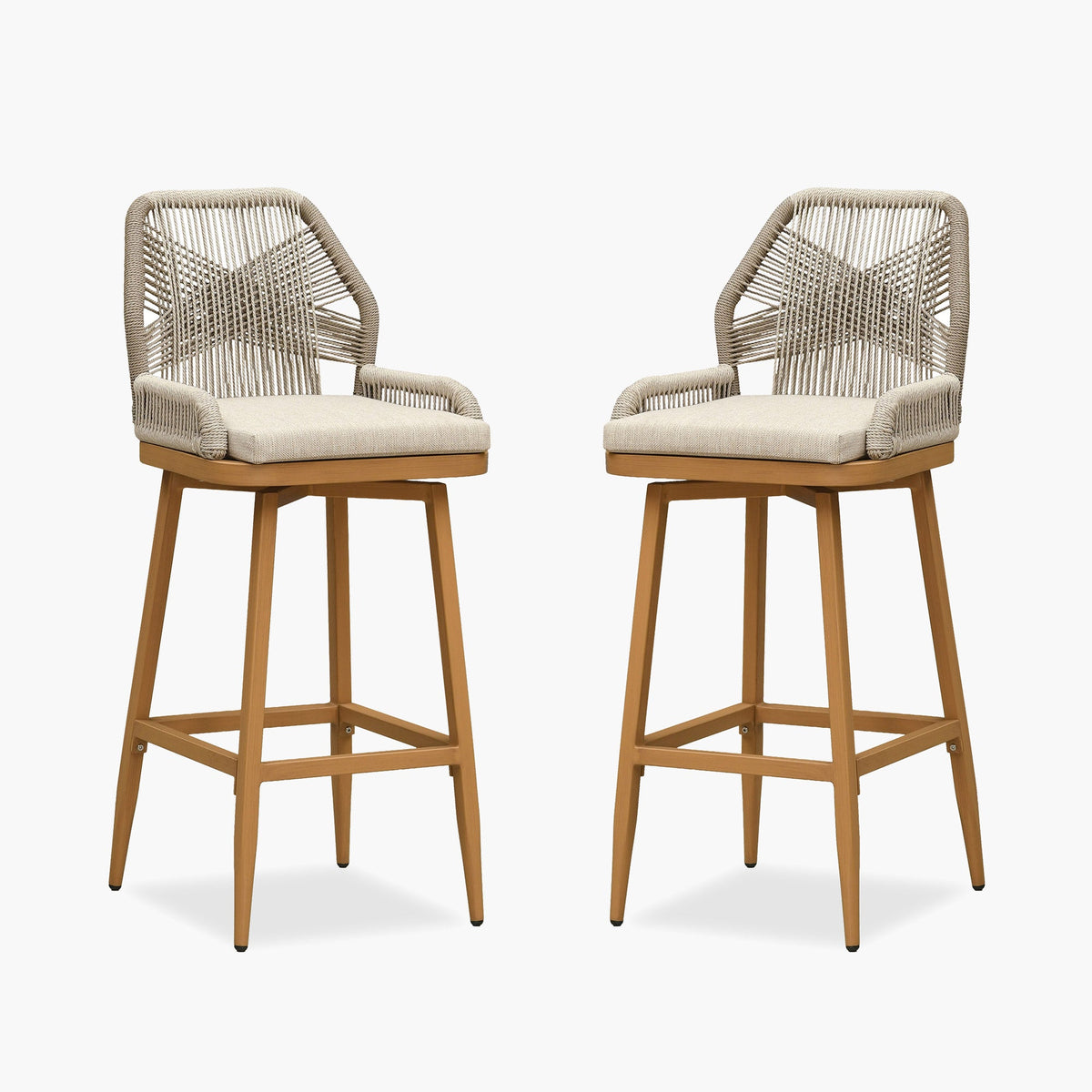 PURPLE LEAF Outdoor Swivel Bar Stools Set of 2 Patio 360° Rotating All-Weather Wicker Stools with Back and Cushion for Outside Backyard Kitchen Bistro Garden Bar