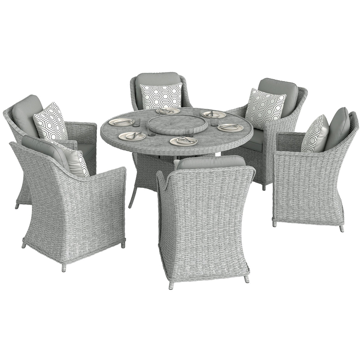 6 Seater Rattan Dining Set with Lazy Susan and Marble Effect Table, Grey