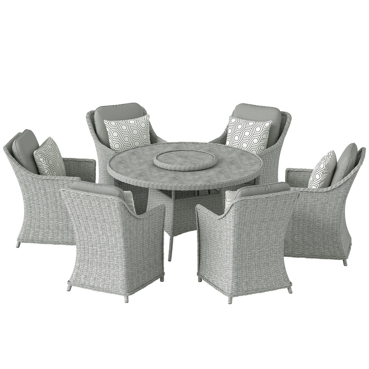 6 Seater Rattan Dining Set with Lazy Susan and Marble Effect Table, Grey