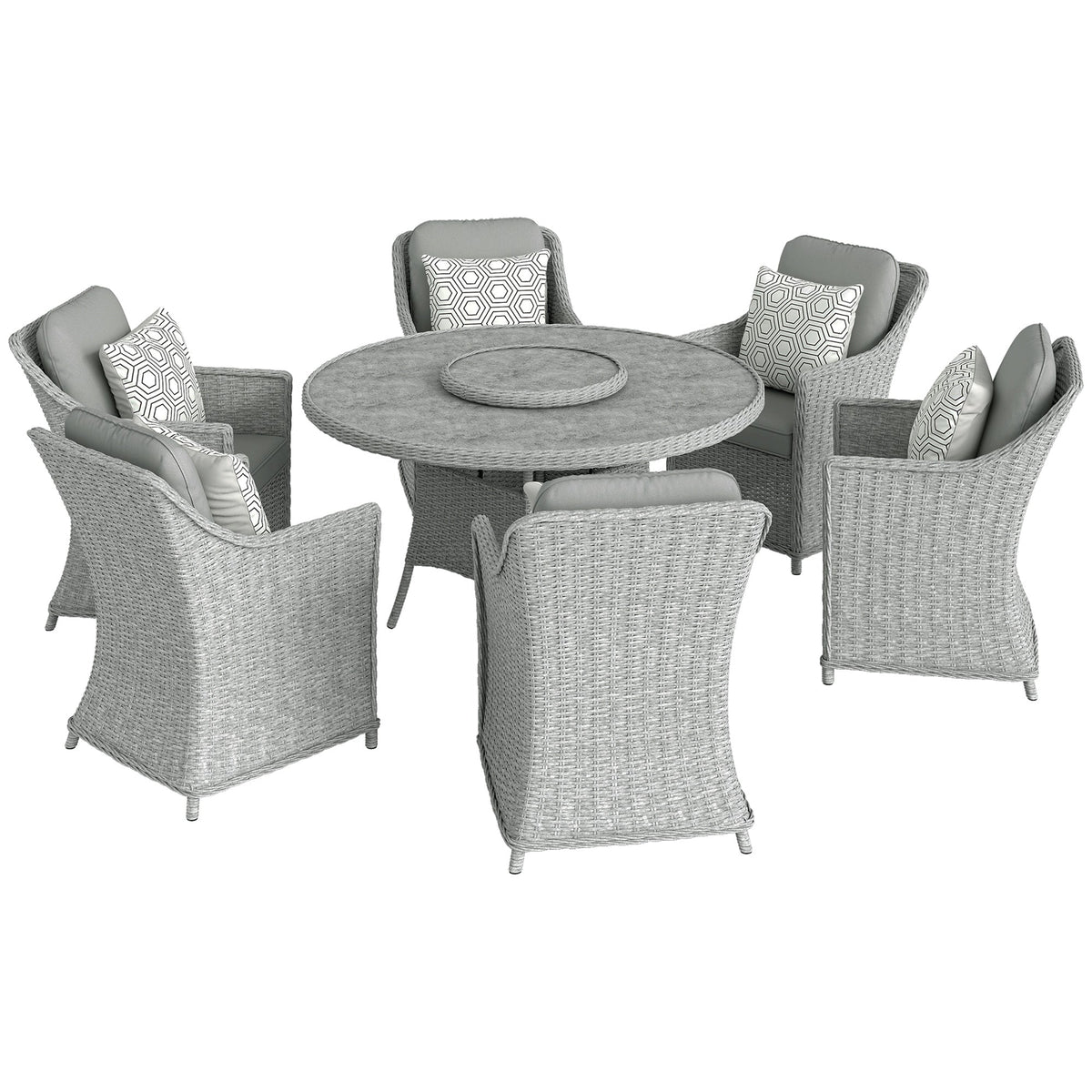 6 Seater Rattan Dining Set with Lazy Susan and Marble Effect Table, Grey