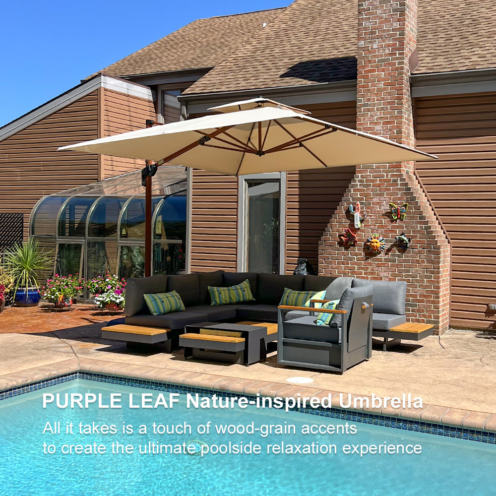 PURPLE LEAF Double Top 9 / 10 / 11 / 12 ft Square Aluminum Sun Umbrellas in Wood Color