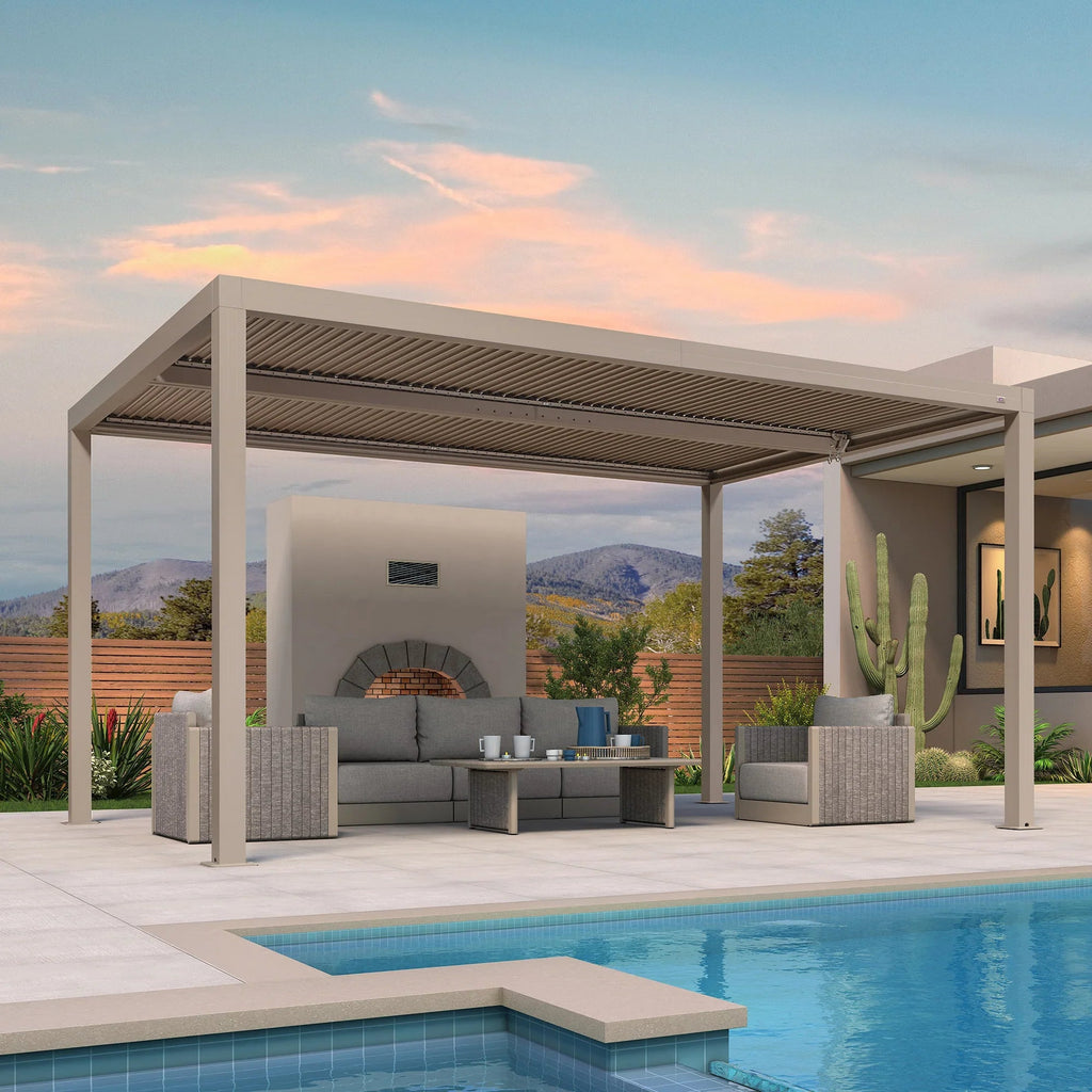PURPLE LEAF Athena Louvered Pergola Modern Champagne Pergola with Adjustable Roof for Deck Backyard Garden