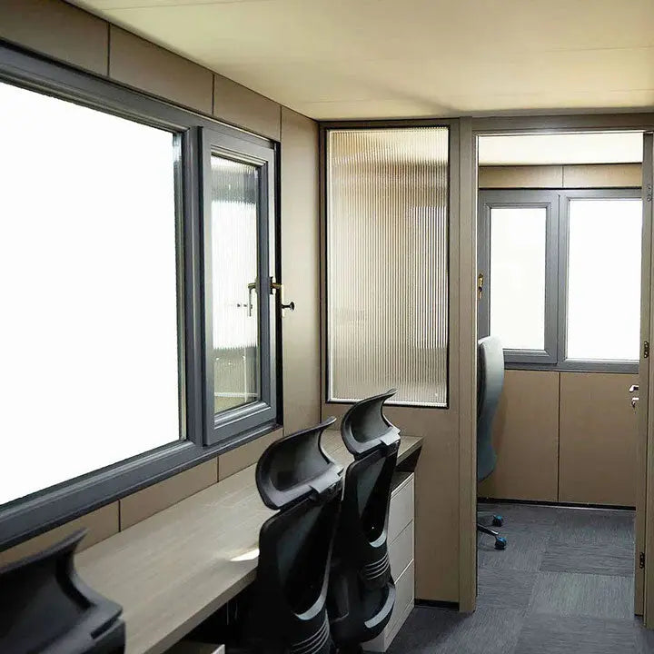 20' Custom Built Steel Container Office, Working Area & Manager's Office, 1 Leather Office Chair, 3 Ergonomic Office Chairs, TMG-SCO20