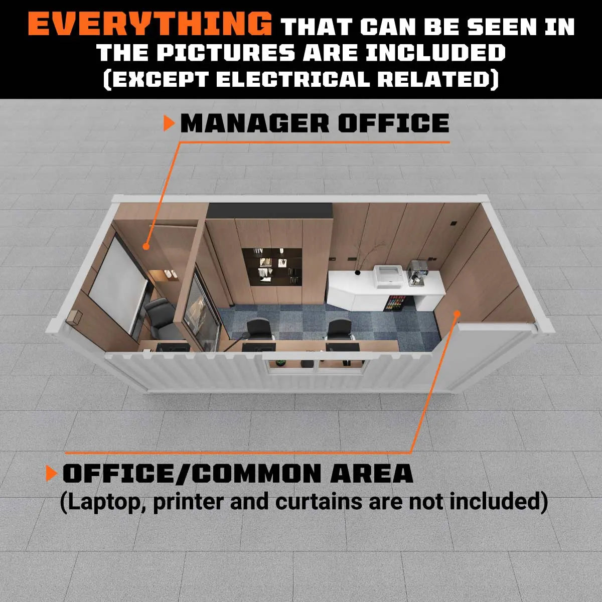20' Custom Built Steel Container Office, Working Area & Manager's Office, 1 Leather Office Chair, 3 Ergonomic Office Chairs, TMG-SCO20