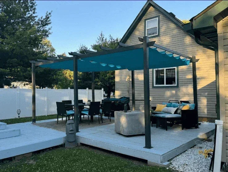 PURPLE LEAF Outdoor Pergola with Retractable Canopy Aluminum Shelter for Beach Porch Garden  Shade Pavilion Pergola  with Curtains
