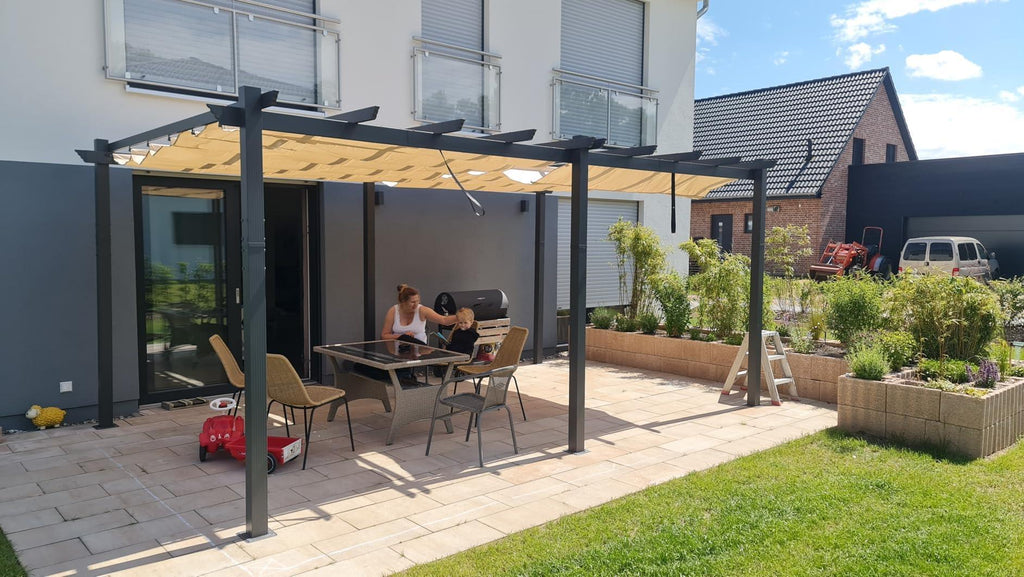 PURPLE LEAF Outdoor Pergola with Retractable Canopy Aluminum Shelter for Beach Porch Garden  Shade Pavilion Pergola  with Curtains