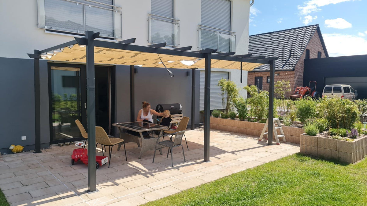 PURPLE LEAF Outdoor Pergola with Retractable Canopy Aluminum Shelter for Beach Porch Garden  Shade Pavilion Pergola  with Curtains