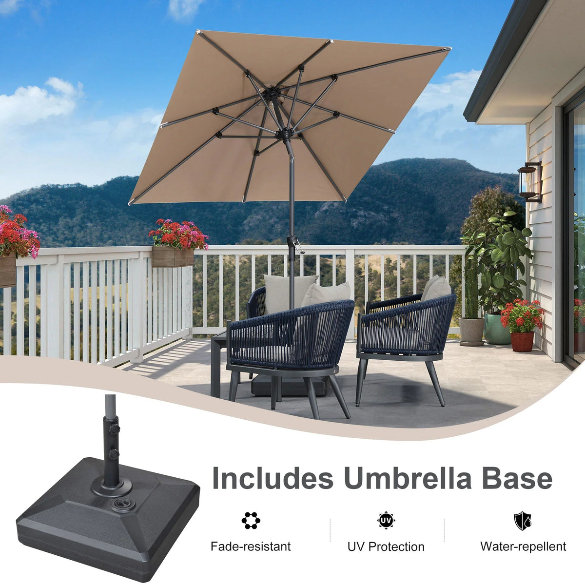 PURPLE LEAF Crank and Tilt Rectangular Outdoor Patio Market Umbrella with Base