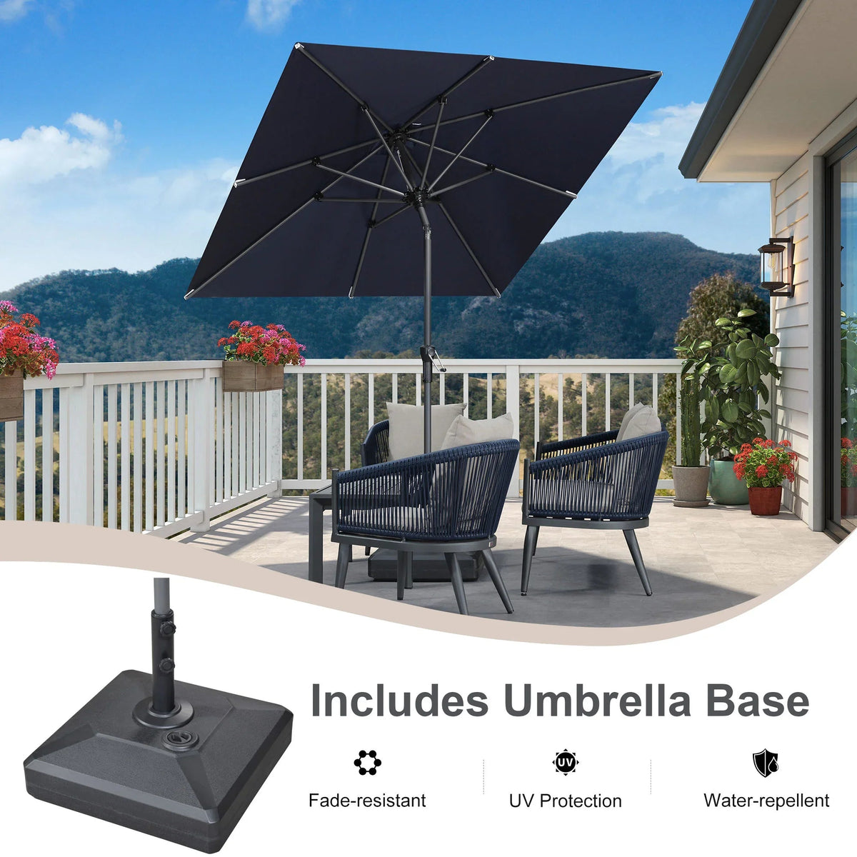 PURPLE LEAF – Parasol carré de table de terrasse avec manivelle, inclinaison et base pour jardin et porche