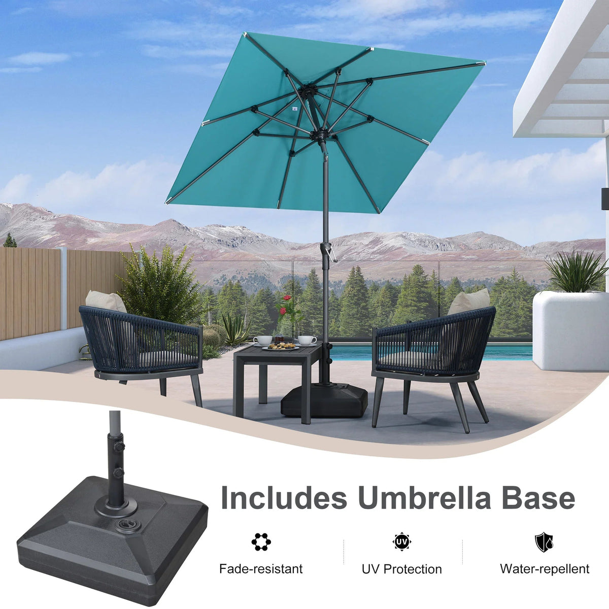 PURPLE LEAF – Parasol carré de table de terrasse avec manivelle, inclinaison et base pour jardin et porche