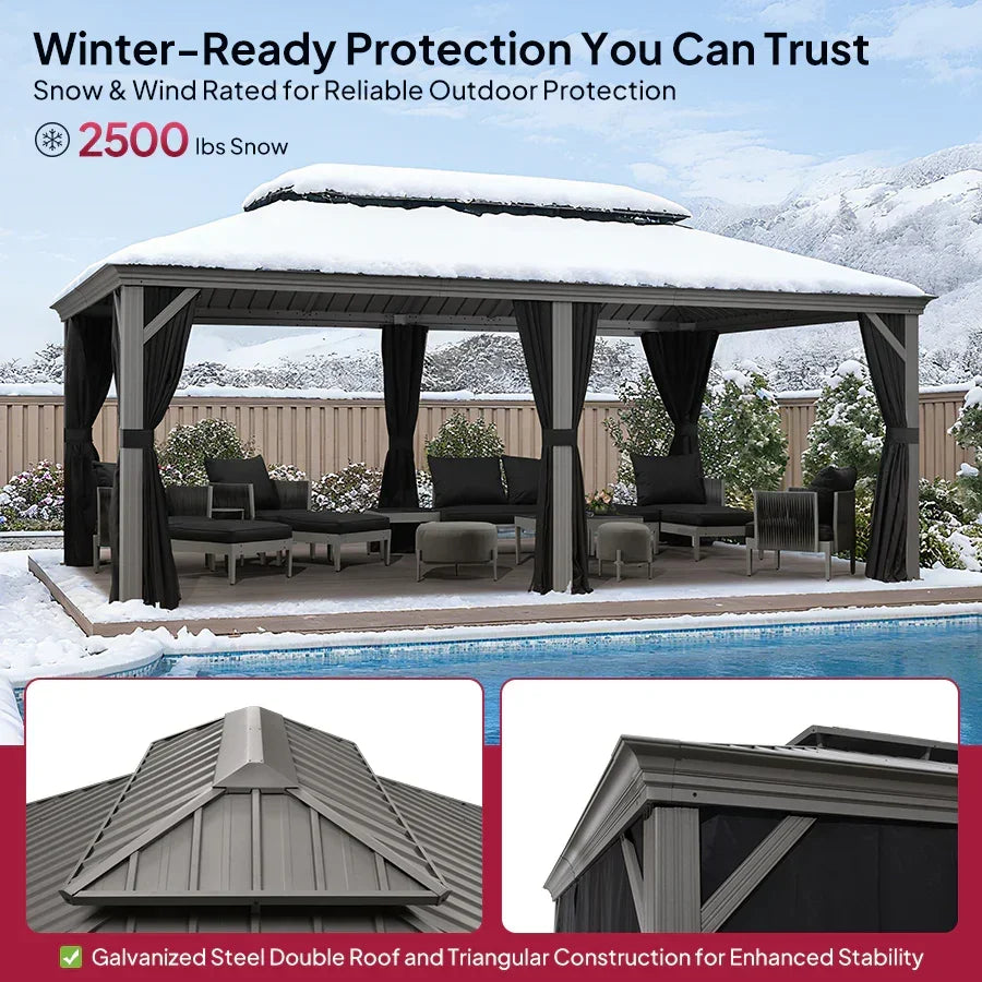 PURPLE LEAF Patio Gazebo for Pool Light Grey Hardtop Galvanized Steel Roof with Reinforcement Support Rod
