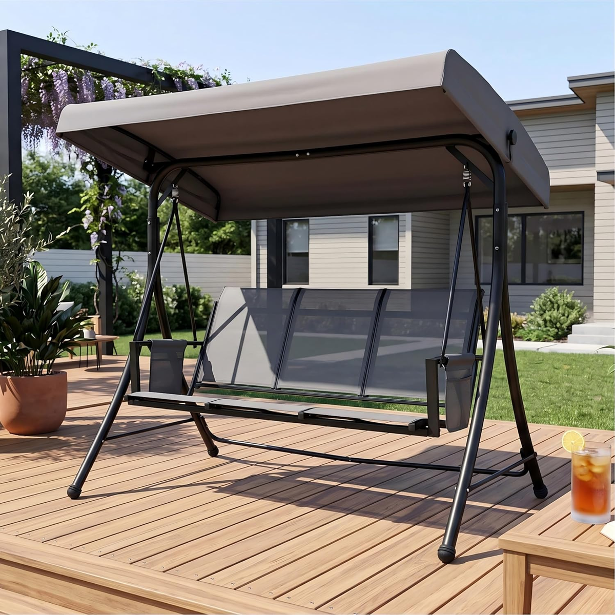 PURPLE LEAF Porch Swing with Adjustable Tilt Canopy Patio Swing with Stand and Meatl Steel Frame All-Weather Outdoor Swing Chair Seat Space-Saving for Backyard Garden Deck