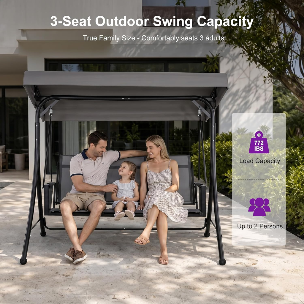 PURPLE LEAF Porch Swing with Adjustable Tilt Canopy Patio Swing with Stand and Meatl Steel Frame All-Weather Outdoor Swing Chair Seat Space-Saving for Backyard Garden Deck