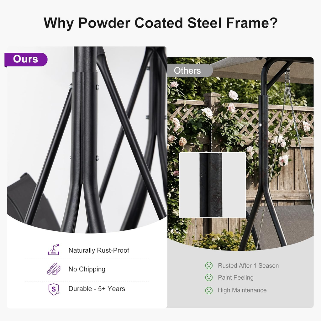PURPLE LEAF Porch Swing with Adjustable Tilt Canopy Patio Swing with Stand and Meatl Steel Frame All-Weather Outdoor Swing Chair Seat Space-Saving for Backyard Garden Deck