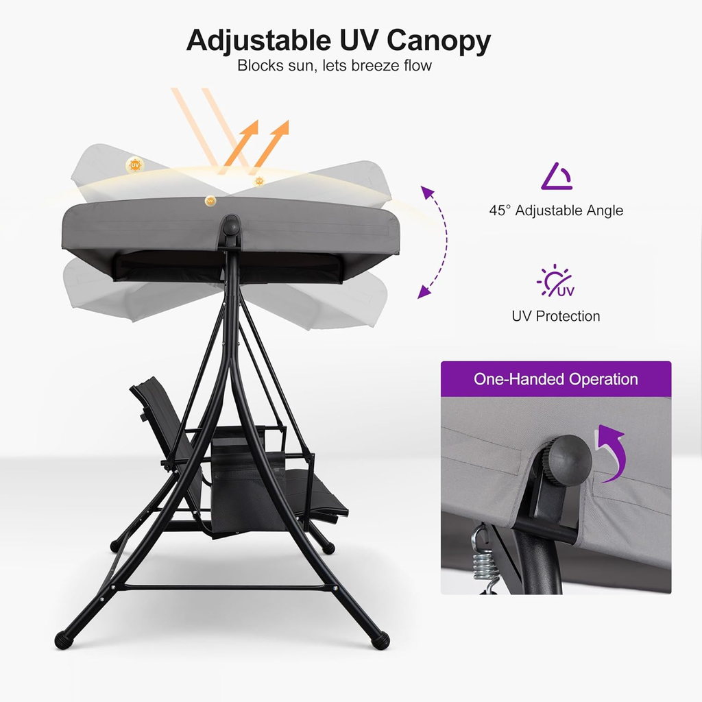 PURPLE LEAF Porch Swing with Adjustable Tilt Canopy Patio Swing with Stand and Meatl Steel Frame All-Weather Outdoor Swing Chair Seat Space-Saving for Backyard Garden Deck