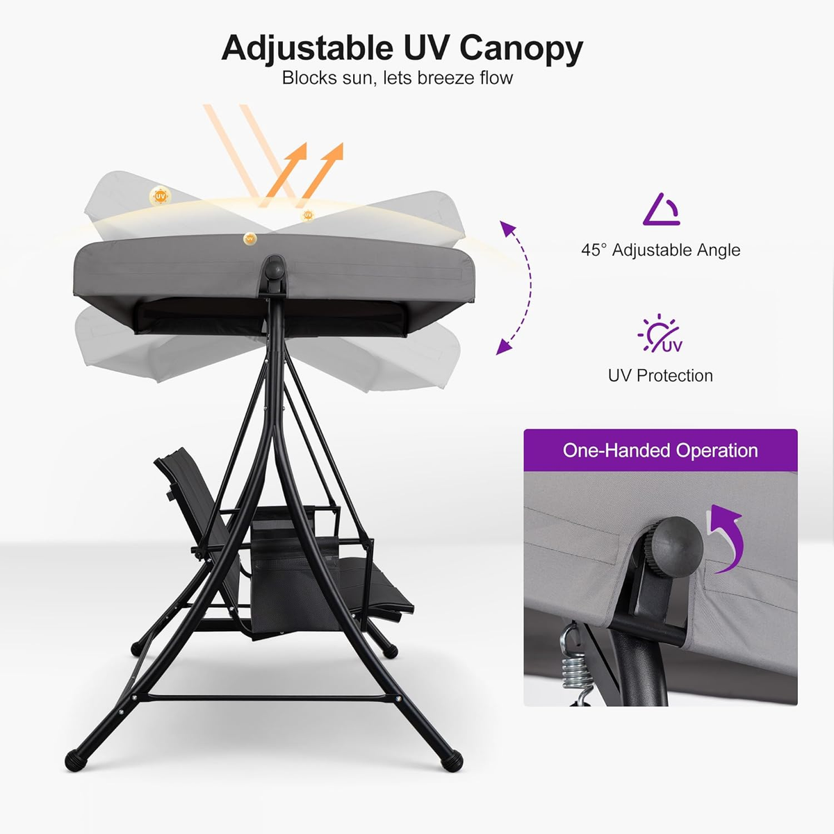 PURPLE LEAF Porch Swing with Adjustable Tilt Canopy Patio Swing with Stand and Meatl Steel Frame All-Weather Outdoor Swing Chair Seat Space-Saving for Backyard Garden Deck