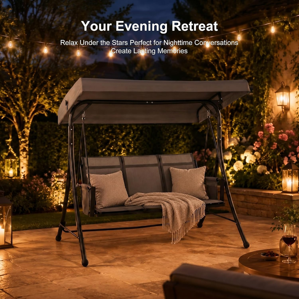 PURPLE LEAF Porch Swing with Adjustable Tilt Canopy Patio Swing with Stand and Meatl Steel Frame All-Weather Outdoor Swing Chair Seat Space-Saving for Backyard Garden Deck