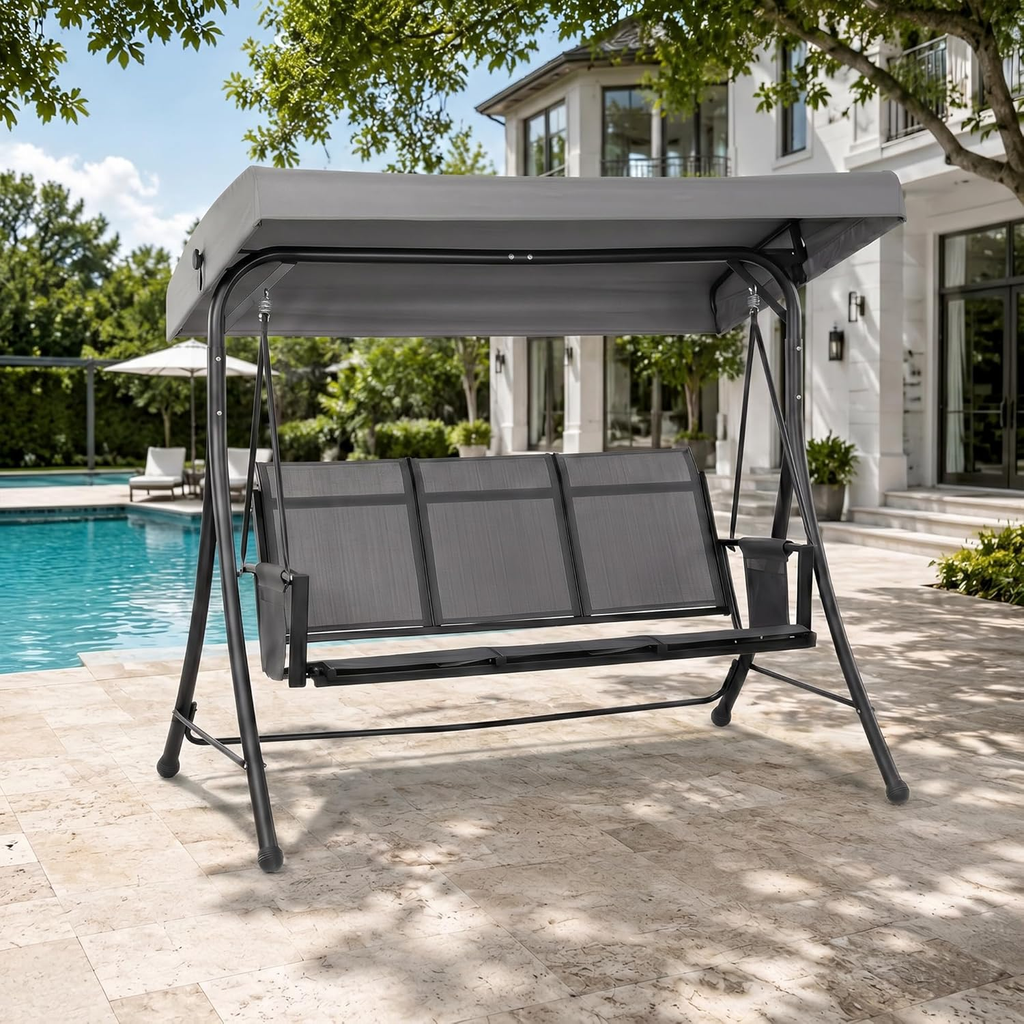 PURPLE LEAF Porch Swing with Adjustable Tilt Canopy Patio Swing with Stand and Meatl Steel Frame All-Weather Outdoor Swing Chair Seat Space-Saving for Backyard Garden Deck